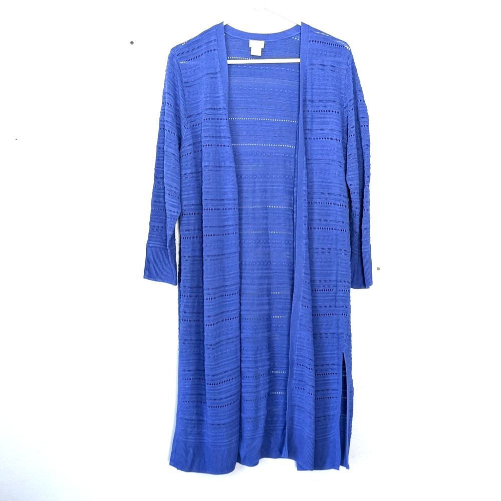 Chicos Cardigan Sweater Size 2 (Large) Blue Long Open Knit Open Lightweight